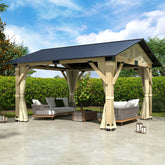 COVERONICS 11’x13’ Outdoor Wood Gazebo - Hardtop Patio Gazebo with Galvanized Steel Roof, Cedar Wooden Gazebo with Privacy Curtains and Netting for Garden, Porch, Patio and Deck